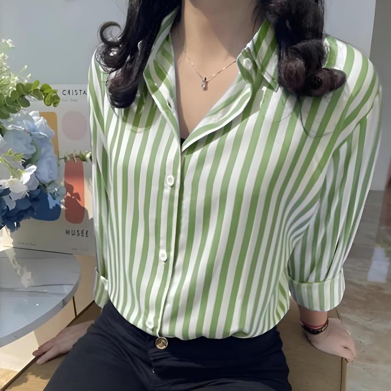 OGM - Outfit Kemeja Wanita Motif Salur Stripe Poly Rayon Nyaman Kekinian 3