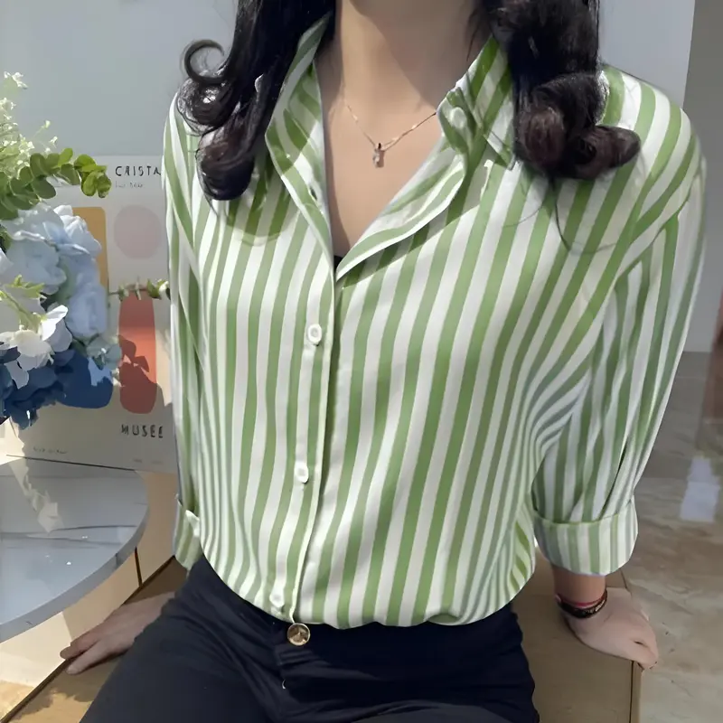 OGM - Outfit Kemeja Wanita Motif Salur Stripe Poly Rayon Nyaman Kekinian 2