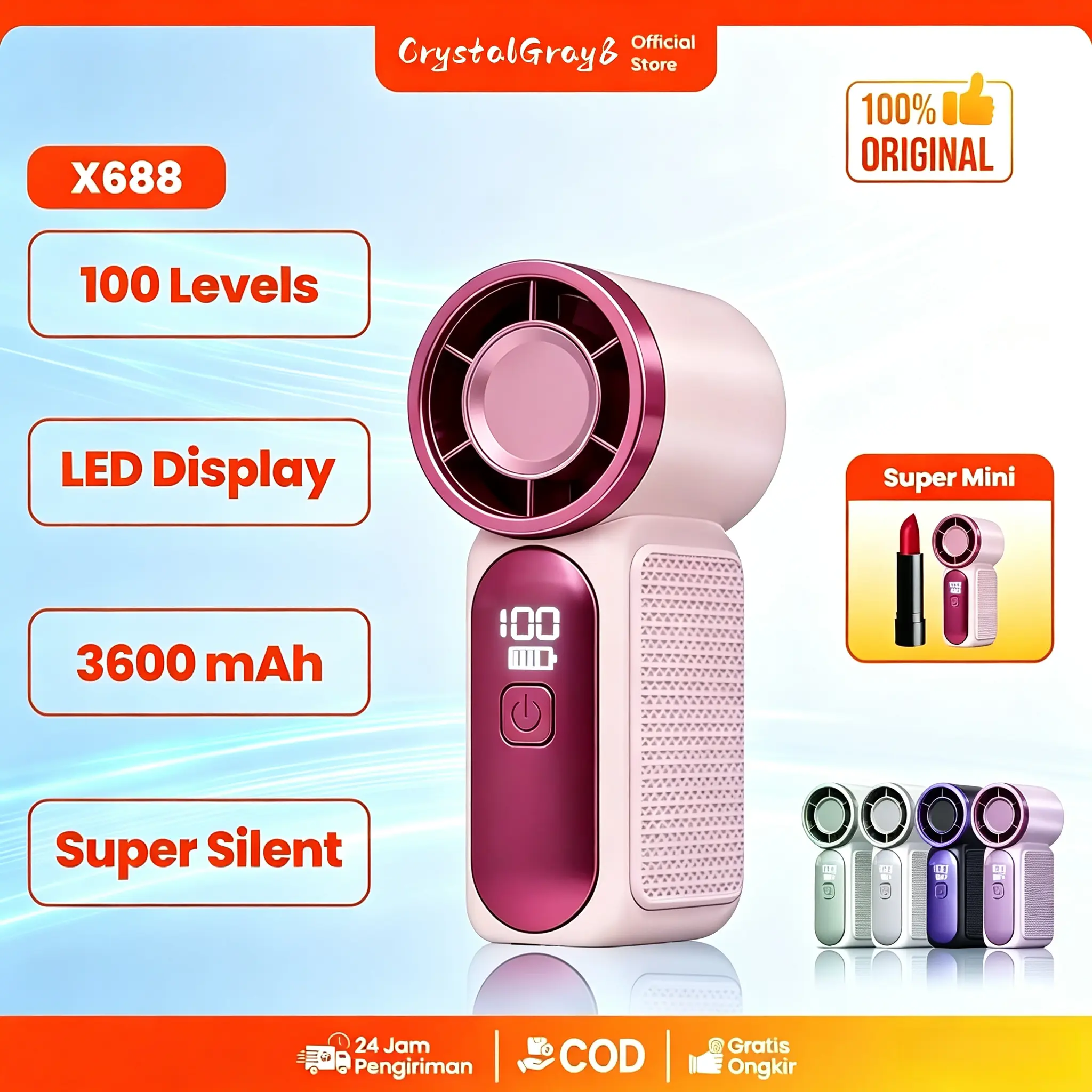 Kipas Angin Portable Mini High Speed Handheld Fan 3600mAh 100 Level Speed dengan LED Display Pintar Type-C Fast Charging 1 Jam Motor 20.000 RPM Airflow Kuat 10m/s Bilah Turbin 5 Lapis Desain Compact 124mm Ringan 112g X688