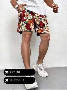 メンズフローラルプリントのドローストリングウエストショーツ、夏のためのレギュラーフィットカジュアルポケットショーツ、ビーチバケーションのためのメンズボトムス