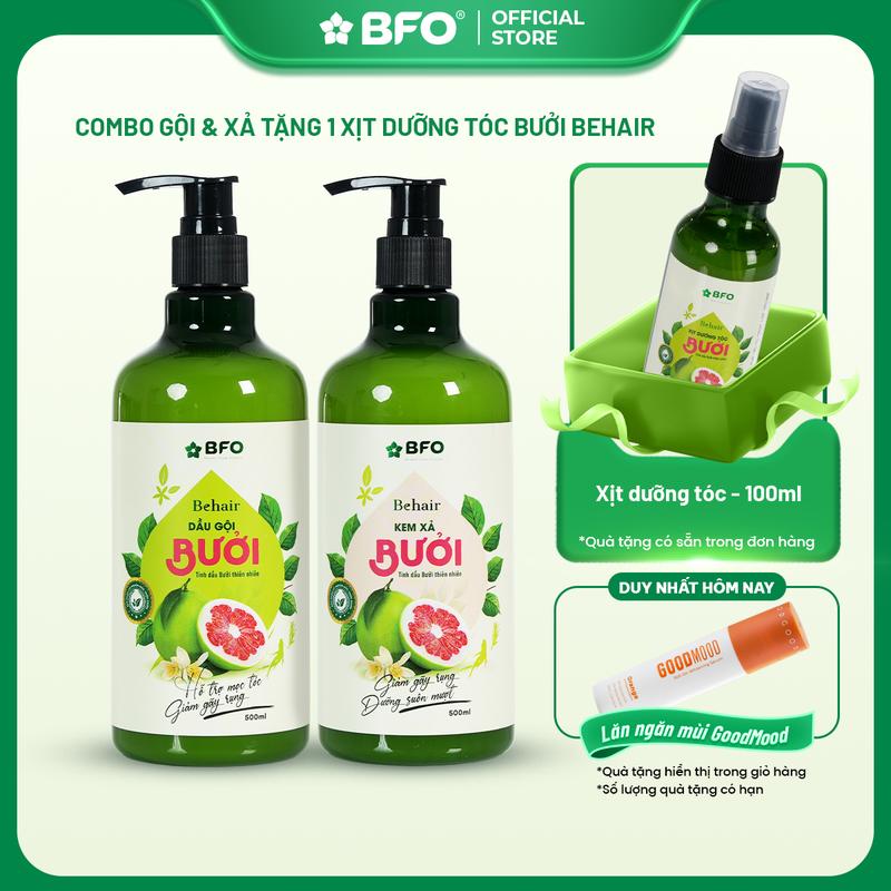 Combo Dầu Gội & Dầu Xả 500ml & Xịt Dưỡng Tóc 100ml BFO Behair Tinh Dầu Bưởi Và Thảo Mộc Giúp Giảm Gãy Rụng Dưỡng Tóc Kích Mọc Tóc Chắc Khỏe Suôn Mượt Nữ Women