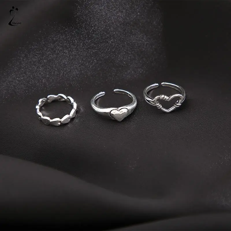 【lingerly】3pcs Cincin Model Terbuka Desain Gelombang Hati Warna Silver Gaya Vintage Untuk Wanita Z 5