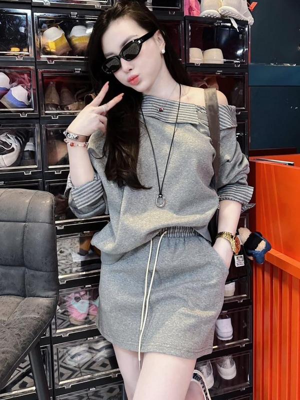 Set cộc mì nỉ xám áo lệch vai phối kẻ chân váy sét bộ áo và chân váy chun mặc đi làm đi chơi sang chảnh S279