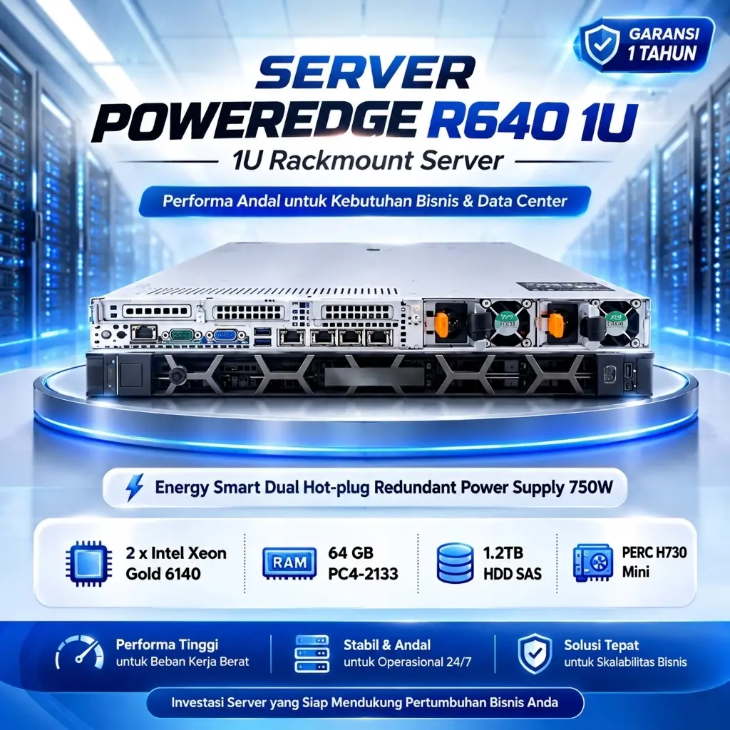 Server PowerEdge R640 1U Dual Xeon Gold 6140 RAM 64GB ECC HDD SAS 1.2TB PERC H730 Garansi 1 Tahun