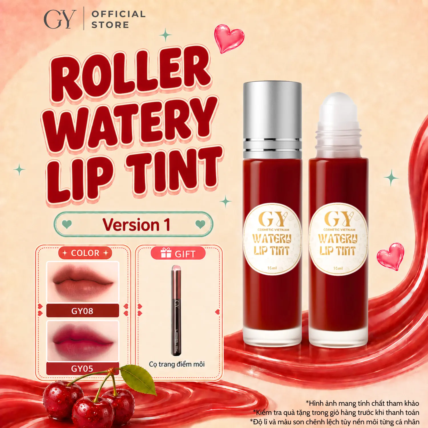 Son Tint Lì Bi Lăn Roller Watery Lip Tint Version 1 GY Cosmetics, Lì Mịn, Lâu Trôi, Bền Màu 10ml