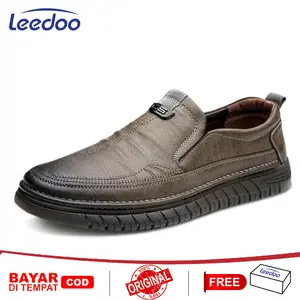Leedoo Sepatu Slip On Pria Kulit Sepatu Pantofel Formal Sepatu Casual Sepatu Kerja Antiselip Hitam MC483