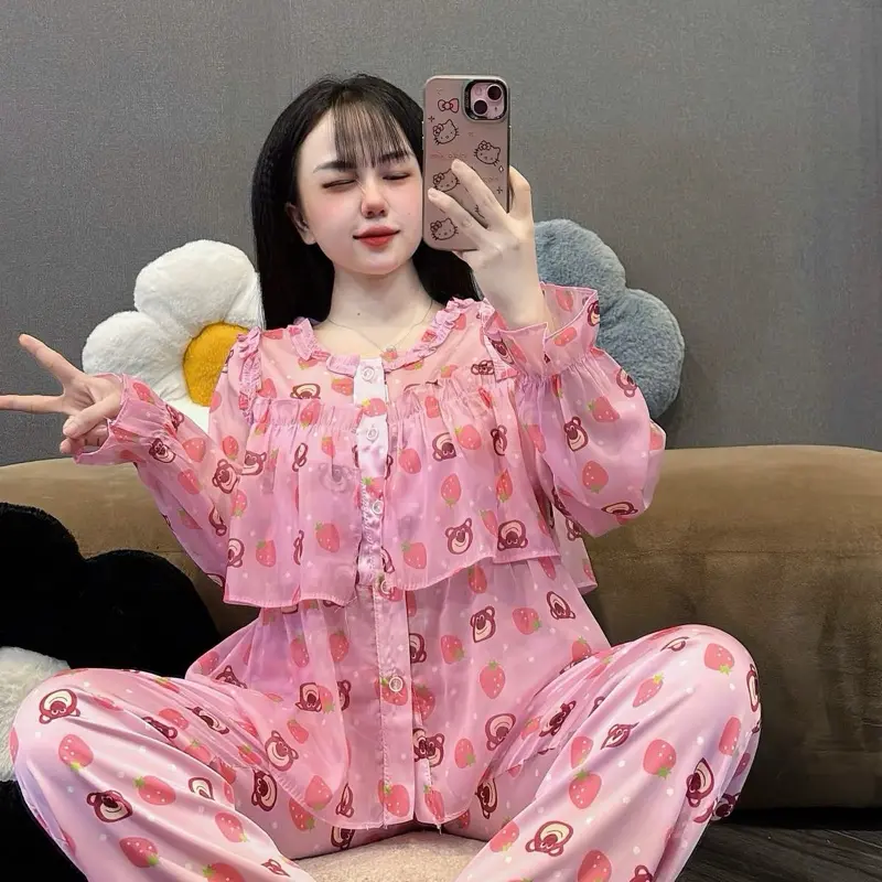 [Tay dài tiểu thư latin phối voan 03] Đồ bộ Pyjama nữ Tay dài tiểu thư 2 tầng lụa latin phối voan tơ cao cấp nhiều màu xinh Women 1