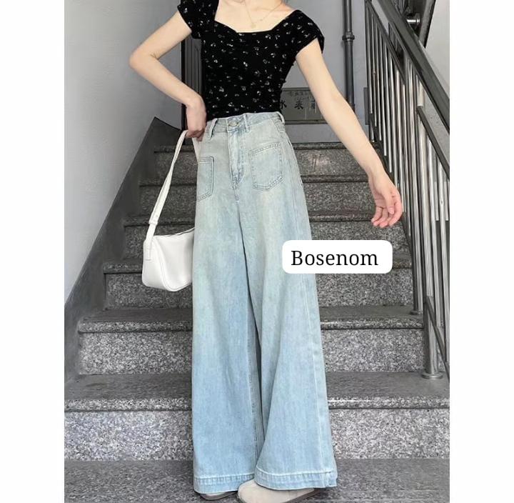 BOSENOM- Celana kulot jeans wanita HighWaist wide leg kantong depan jins Panjang Cewek 2