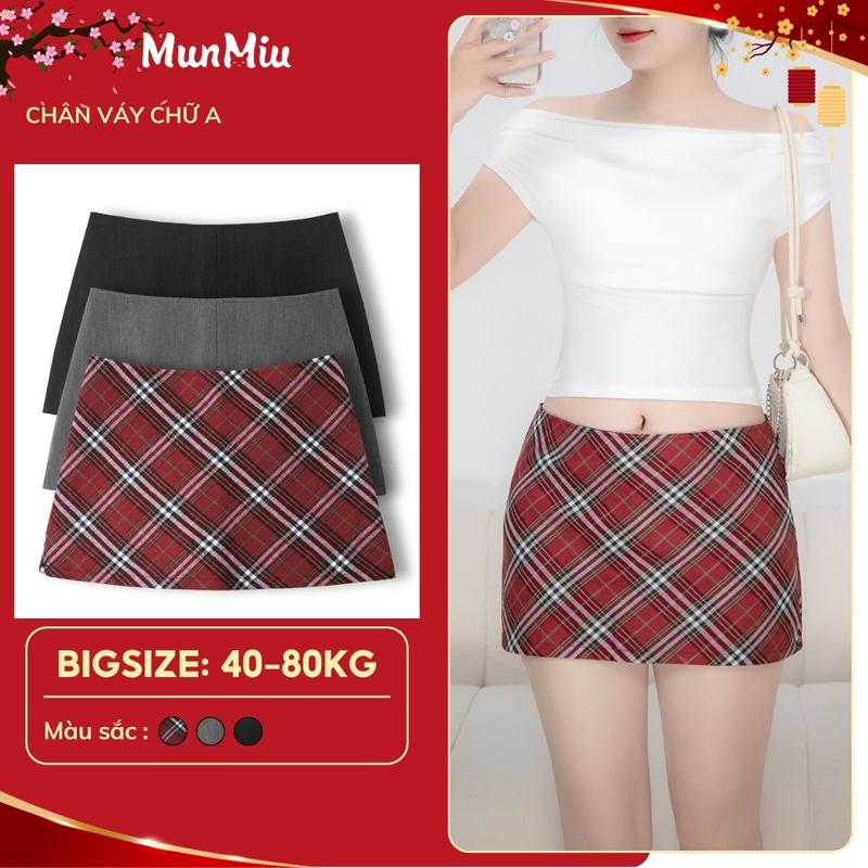  Chân váy chữ A MunMiu bigsize 40–80kg – kẻ đỏ caro tôn dáng có quần lót chống lộ 5938 