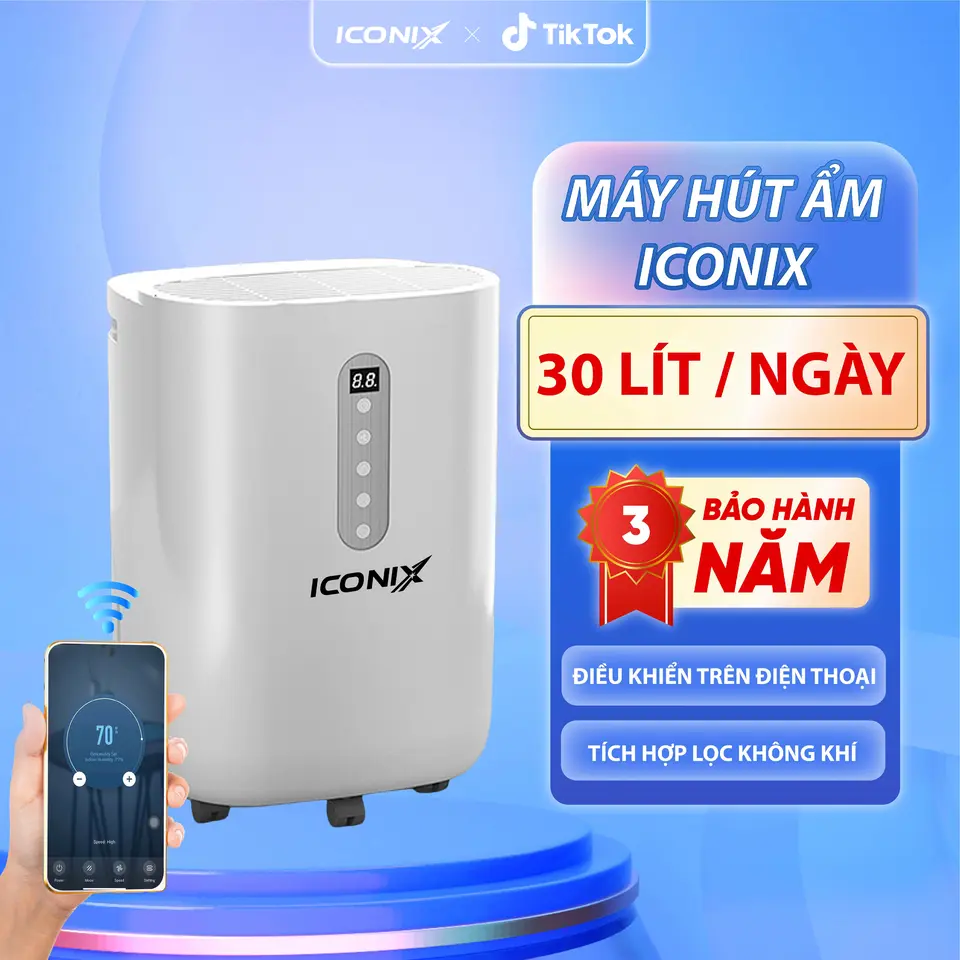 Máy hút ẩm ICONIX 30Lít /ngày - Kết nối với điện thoại, lọc không khí ion âm, bảo hành 3 năm