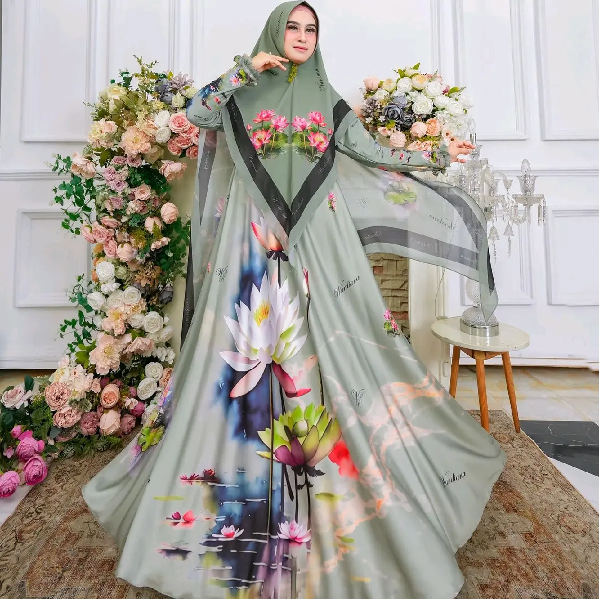 Gamis motif Teratai Gamis printing Jumbo Gamis Muslim Wanita Dewasa