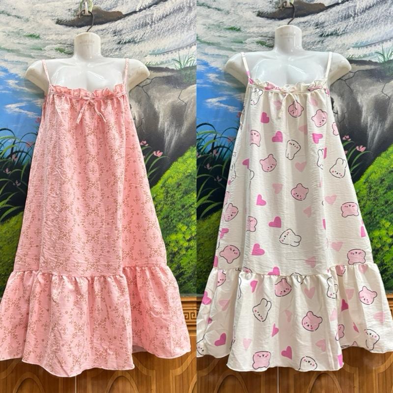 Đầm Ngủ Dễ Thương Dây Bản Nhún Chun in Hoạ tiết xinh xắn Freesize 40-60kg