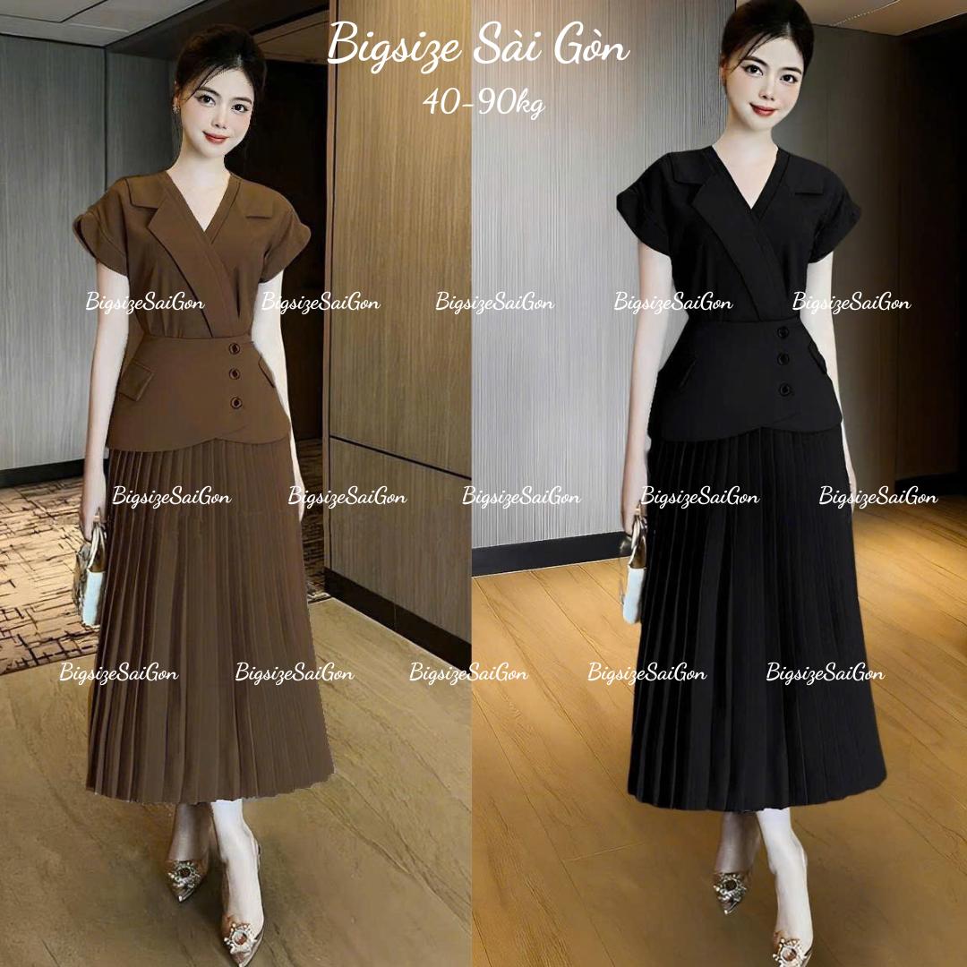 Váy Giả Set Thiết Kế Cổ V Phối Xếp Ly Tiểu Thư (Vải Tuyết Mưa) Dày Dặn Cao Cấp Thanh Lịch Cho Các Nàng Bigsize 40–95kg Thời Trang Nữ Béo Xinh Shop - B.1597