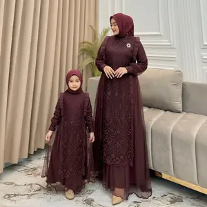 Sarimbit Keluarga 2026 Lebaran Premium Nikita Gamis Couple Ibu Anak Prempuan 7-13 Th Bahan silk Premium Full Tille Warna Burgundy