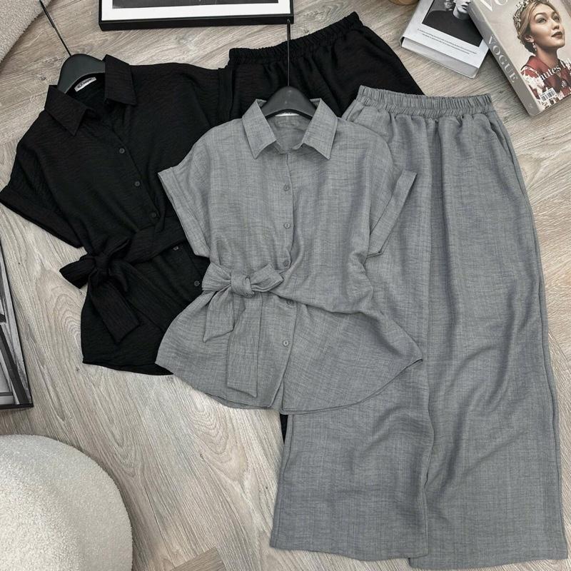 Q84 Set áo cổ sơ mi nút cột nơ + quần dài vải đũi form 40-60kg mang vừa phù hợp đi chơi . di du lich chất mát thoáng thấm hút mồ hồi Hằng tidy