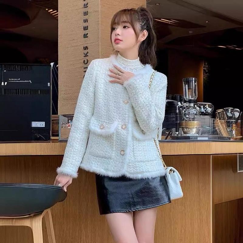 Áo khoác dạ tweed  2 màu cổ tròn cúc ngọc phối viền lông trần trám 3 lớp siu ấmmm BIGSIZE