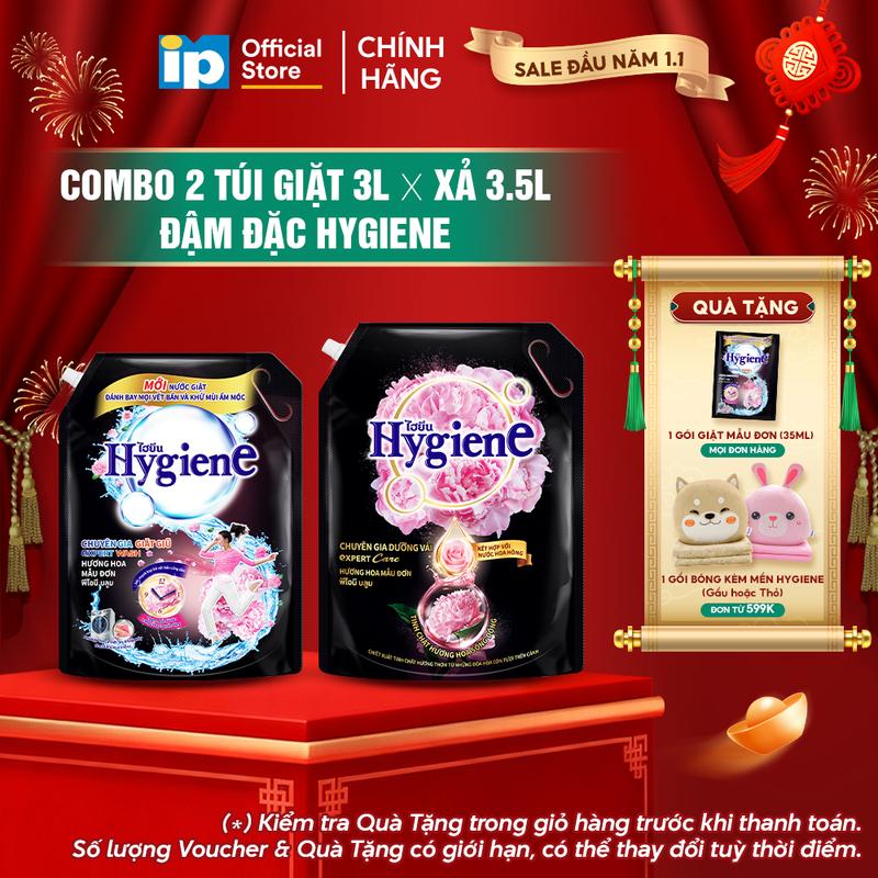 Combo Túi Nước Giặt Đậm Đặc Hygiene 3L x Nước Xả Vải Đậm Đặc Hygiene 3.5L - Hương Hoa Mẫu Đơn