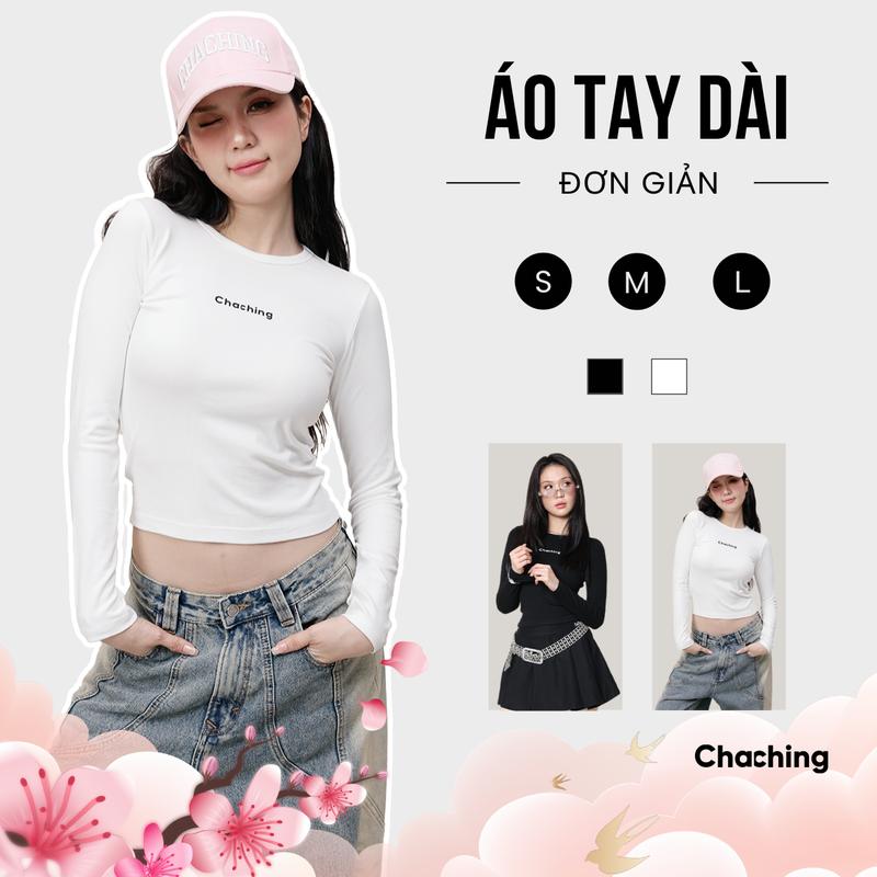   BEST SELLER  Áo Thun Dài Tay Nữ Ôm Body Thun Borip Logo ChaChing Áo Thun Tay Dài ChaChing Basic Đen Trắng Áo Thun Gân Borip Co Giãn 4 Chiều 