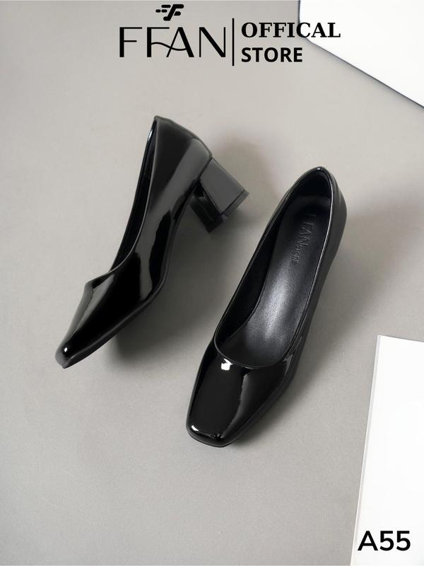 Giày cao gót mũi vuông nữ đế vuông [da bóng mềm mại] A55 FFAN STORE công sở bít mũi 3 5 7 phân màu đen big size