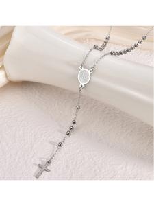 Collar con cruz de la Virgen María de acero inoxidable 304, diseño de cadena con cuentas religiosas, colgante de cruz con cuentas de oración de 3 mm, accesorio unisex para uso diario