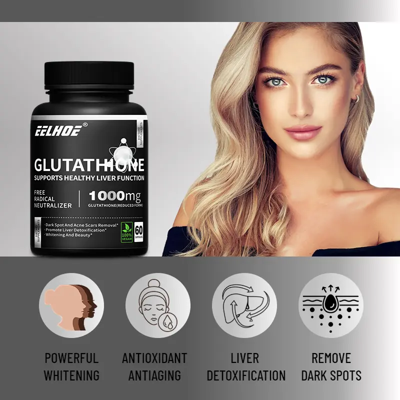 Suplemen Glutathione 1000mg, 60 Kapsul Vegetarian, 5 Kali Efektif Memutihkan, Anti Penuaan, Menghilangkan Bintik, Perlindungan Hati, Detoksifikasi, Non-Transgenik 1