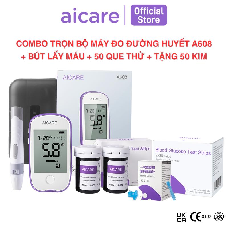 Combo Máy Đo Đường Huyết ACCU Chính Hãng AICARE A608 + Bút Lấy Máu + Que Thử, Tặng Kim, Dành Cho Cá Nhân, Dễ Dàng Sử Dụng Tại Nhà