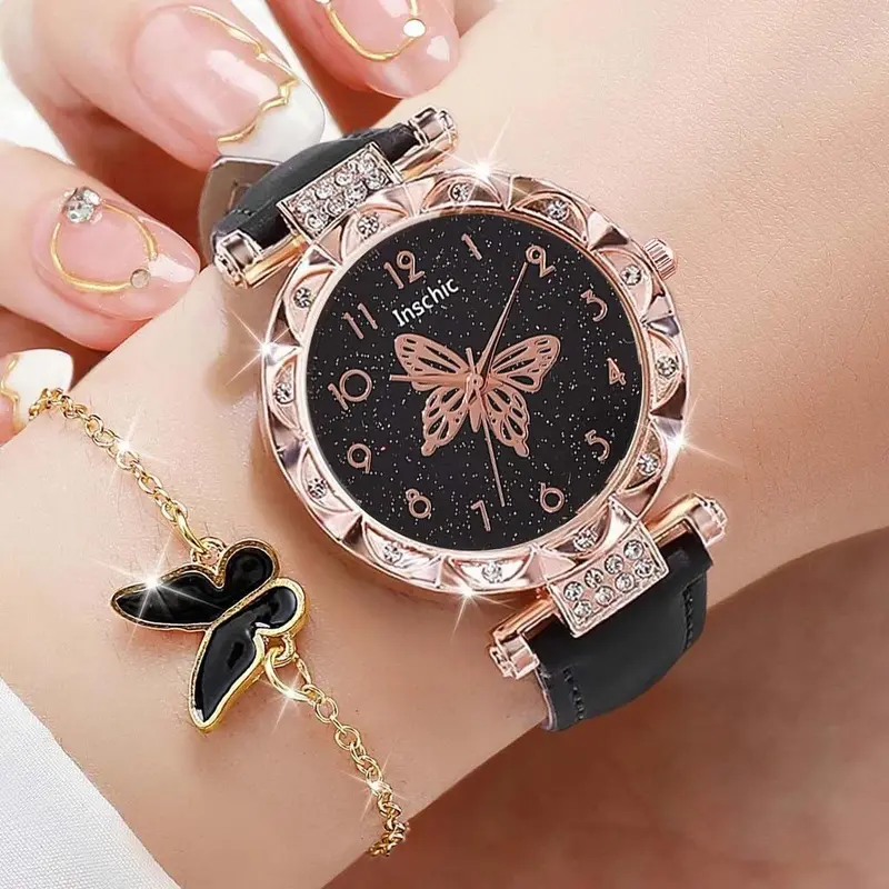 5PCS Jam Tangan Kuarsa Wanita Bergaya Berlian Berlian Kupu-kupu Dial PU Tali Kulit  Quartz Watches Kaca Set Perhiasan Kupu-kupu Gratis (Tanpa Kotak) 6