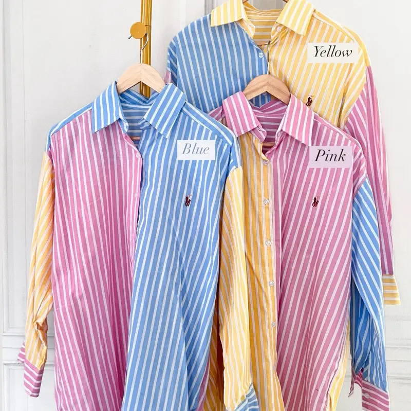 KEMEJA WANITA PLO BORDIR KUDA KATUN STRIPES DENIM  Baju LENGAN  Panjang Formal Atasan Oversize olop 1