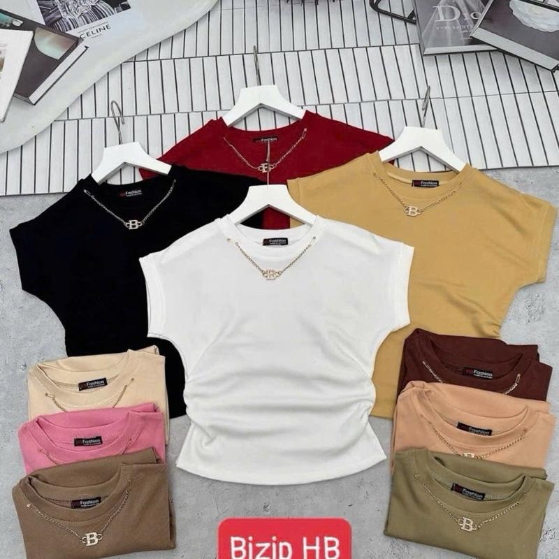 Áo kiểu tay hến kèm dây chuyền chữ B nhún eo Voi Jean ThunNữ Top Women Nhung Kemdáng ôm gọn thông thường