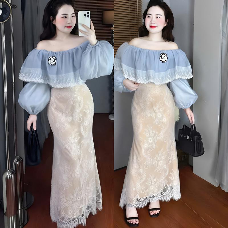  Bộ nữ áo tơ phối ren dài tay trễ vai  kèm phụ kiện hoa trà  phối chân váy ren 2 lớp dáng dài xinh xắn dành cho các nàng diện đi chơi đi tiệc 