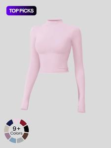 Camiseta deportiva de cuello simulado para mujer, de secado rápido y transpirable, de manga larga para yoga y gimnasio, ropa deportiva para otoño e invierno