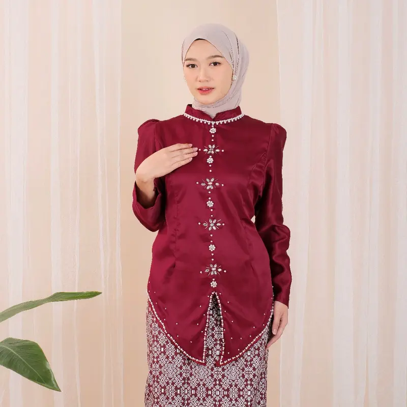 Setelan Baju Kurung Melayu Wanita Muslim Tunik Elsa Full Payet Rok Batik Motif Songket Terbaru Satin Span 0