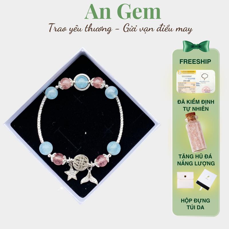 Vòng tay đá năng lượng Aquamarine mix Dâu hồng full charm, lắc tay nữ phong thuỷ đá tự nhiên phụ kiện đeo tay nữ  Bracelet quà tặng giáng sinh Noel Tết Valentine [TẶNG HŨ ĐÁ NĂNG LƯỢNG]
