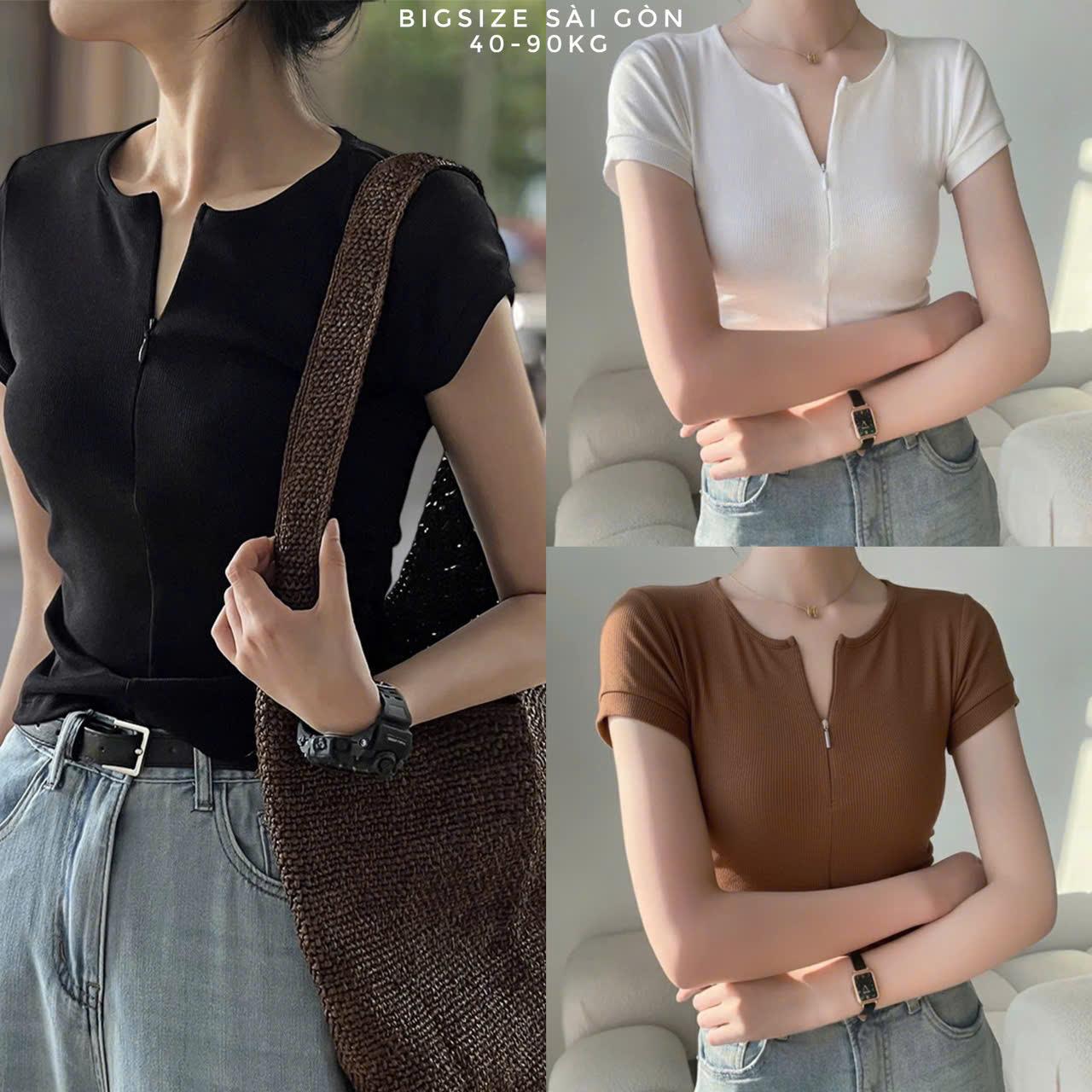 Áo Thun Nữ Tay Ngắn Phối Cổ Dây Kéo Vải Thun RuBy Mềm Mịn Dày Dặn Cao Cấp Thanh Lịch Bigsize 45–90kg Dễ Thương Nữ Women Top Nhung - A.1661