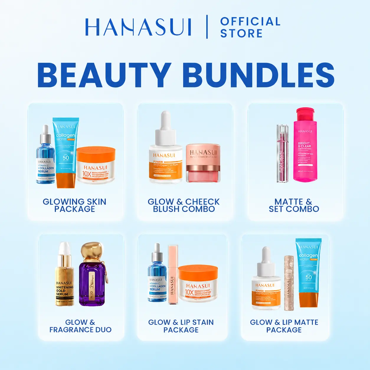 [BEAUTY BUNDLES] HANASUI Skin Care Package Serum Moisturizer Gel Niacinamide Tranexamic Acid Vitamin C Sunscreen Collagen Water SPF 50 Membersihkan Melembapkan Mencerahkan Wajah Dengan Paket Parfume Extrait Lip Stain Lip Cream Blush On