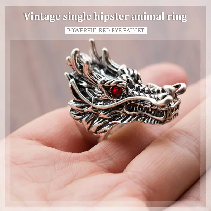 【Perenolr】Fashion Vintage Male Ring Domineering Red Eye Personality Punk Jewelry Dragon Head Ring 6
