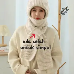 Topi Kupluk Syal Hijab 1 set bahan Wol Syal Kanan ada kantong buat Simpul Syal Kiri Murah dan Baik