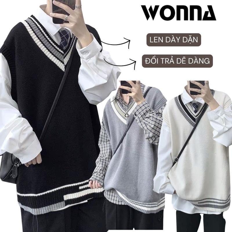 Áo Gile Len Nam Nữ Trắng Đen Xám Sọc Viền Hàn Quốc Unisex Form Rộng Khoác Ulzzang Mới 2025 Đồng Phục PREPPY Gilet Chất Liệu Len