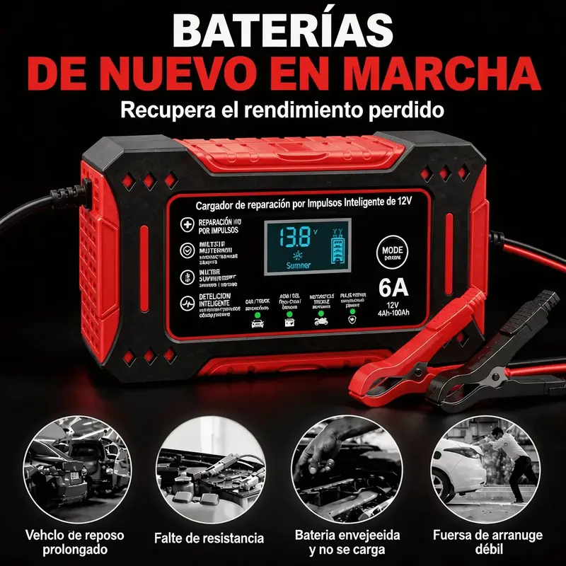 Cargador Inteligente 12V 6A Reparador de Baterías por Pulso, Carga Rápida con Pantalla Digital, Ajuste Automático Invierno-Verano, Protección Total para Auto, Moto, SUV, ATV y RV, Fácil Operación 110-220V - Foto 6