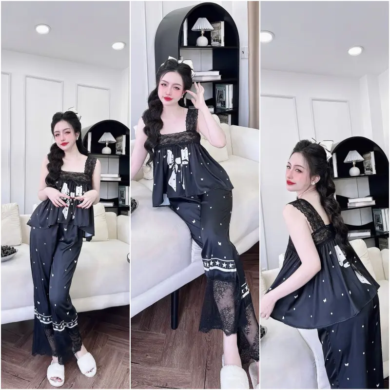 Đồ ngủ nữ sexy áo 2dây quần dài chất latin phối ren mềm mại in họa tiết dễ thương.