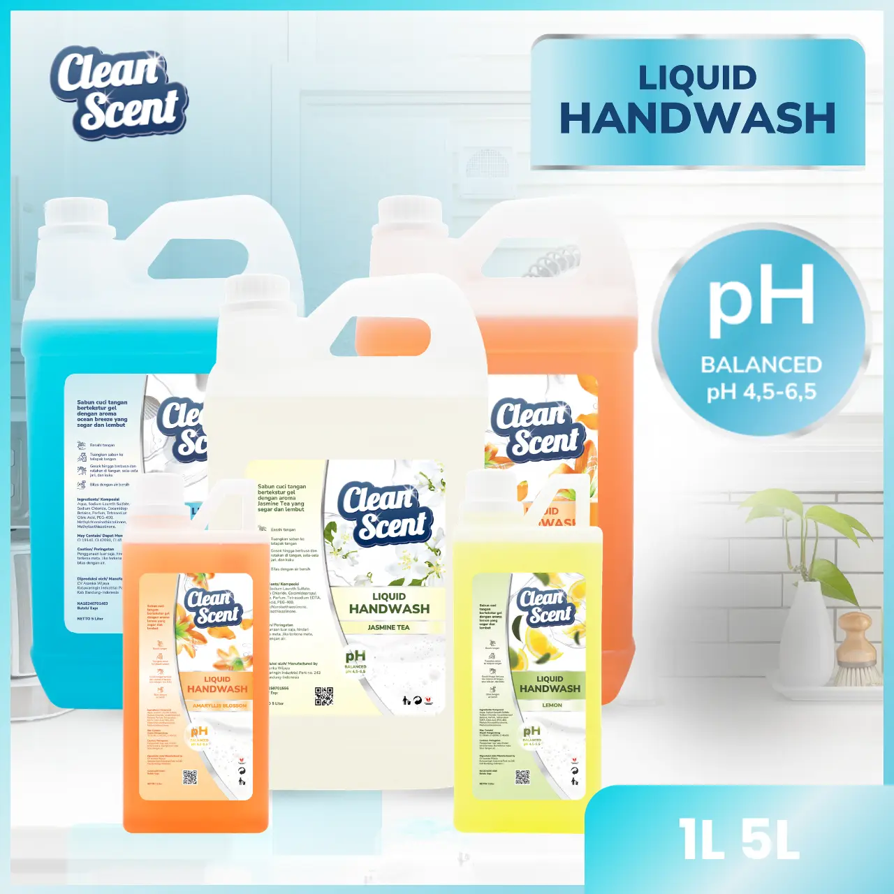 CleanScent Handwash Refill Jerigen 1L pH Balanced  Sabun Cuci Tangan Hand Soap Sabun Cuci Tangan Antiseptik | Handwash Sabun Cair Cuci Tangan Aroma Lemon Floral Ocean Jasmine Tea