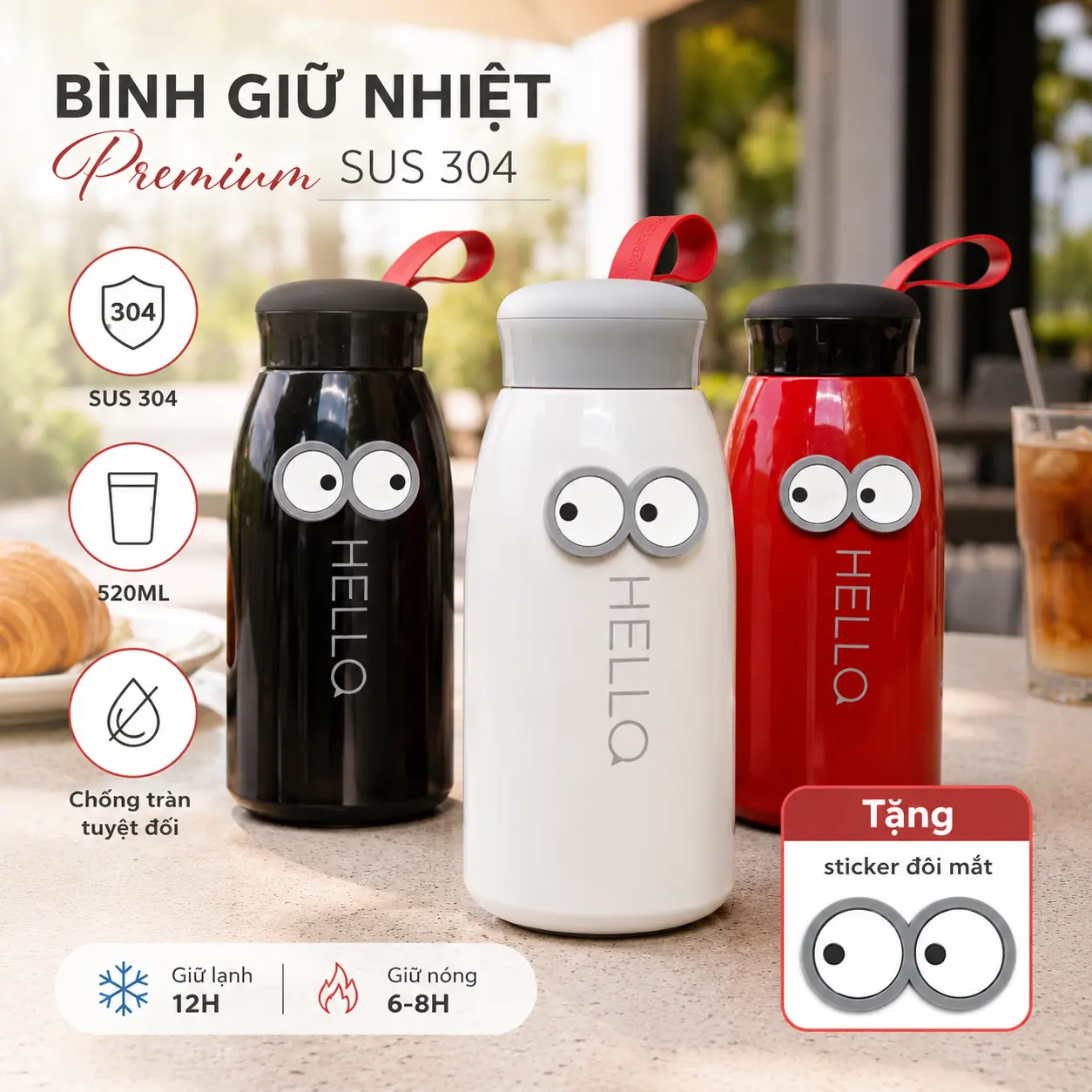 Bình nước giữ nhiệt JUST LOVE 520ml giữ nóng lạnh từ 6-12H-3 màu (BN42)