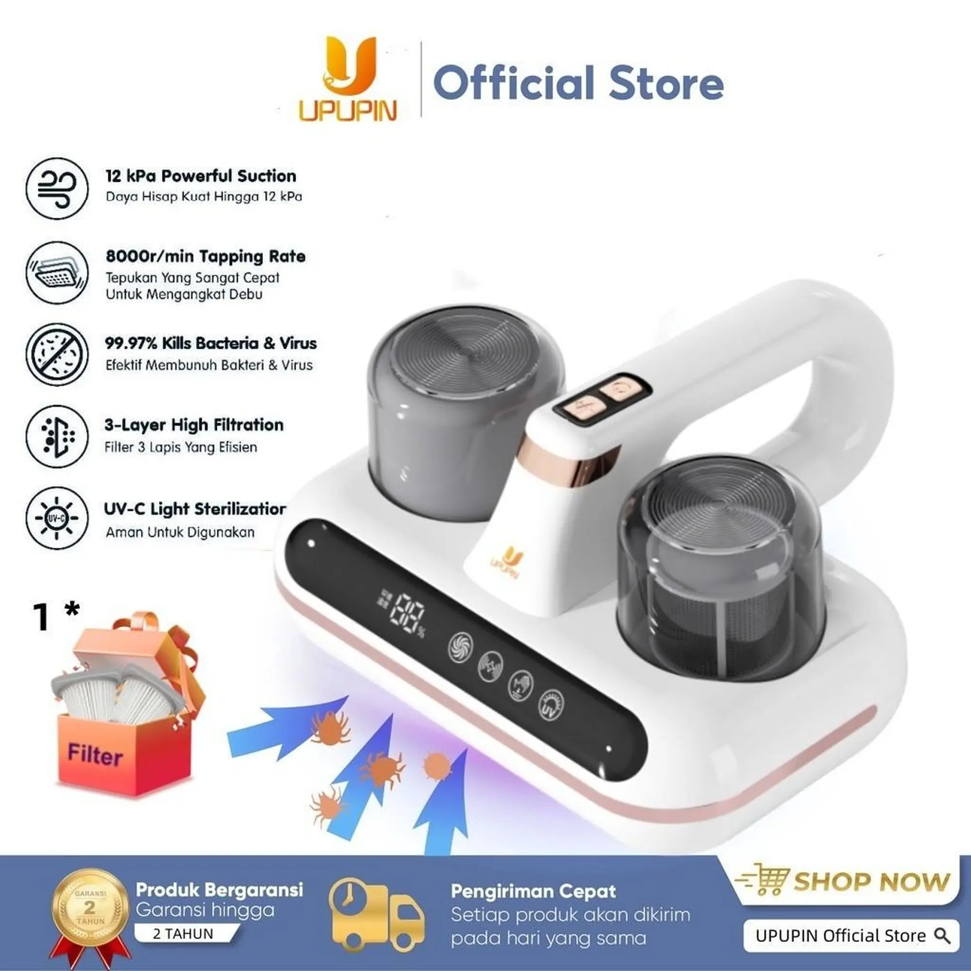 (BISA COD) UPUPIN Vacuum Cleaner vakum UV Cordless Penyedot Pembersih Debu Tungau Mattress Sofa Kasur Alat Pembersih Anti-Debu Anti-Mite with HEPA Filter Ultrasonic UV Sterilization ​Penghilang Kutu Kain tanpa Kabel 1200Pa Membersihkan Stainless Vacum
