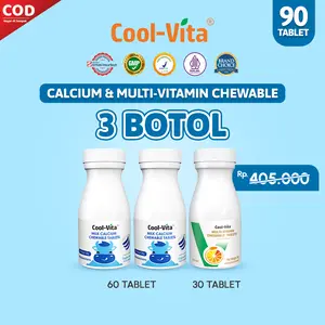[TT] Cool-Vita 2 Botol Calcium Chewable 60 Tablet + 1 Botol Multivitamin 30 Tablet Kunyah Vitamin Tinggi Rasa Susu Bantu Tinggi dan Dukung Pertumbuhan Tulang Secara Optimal untuk Anak dan Dewasa | Bantu Penuhi Kebutuhan Nutrisi Harian | BPOM & HALAL