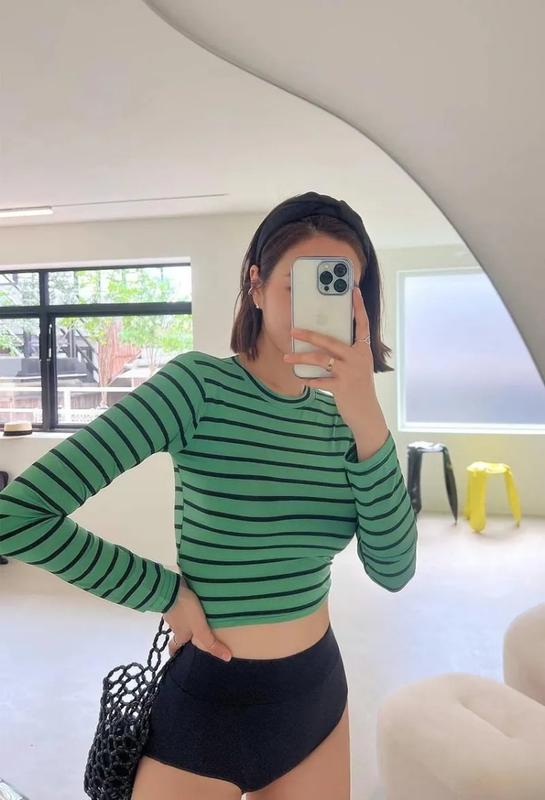 Product Introduction of Women's Swimsuit Long Sleeve Striped Sun Protection High Neck Short Midriff Outfit Comfortable Durable Foreign Trade Swimming Fitness Split Suit 1