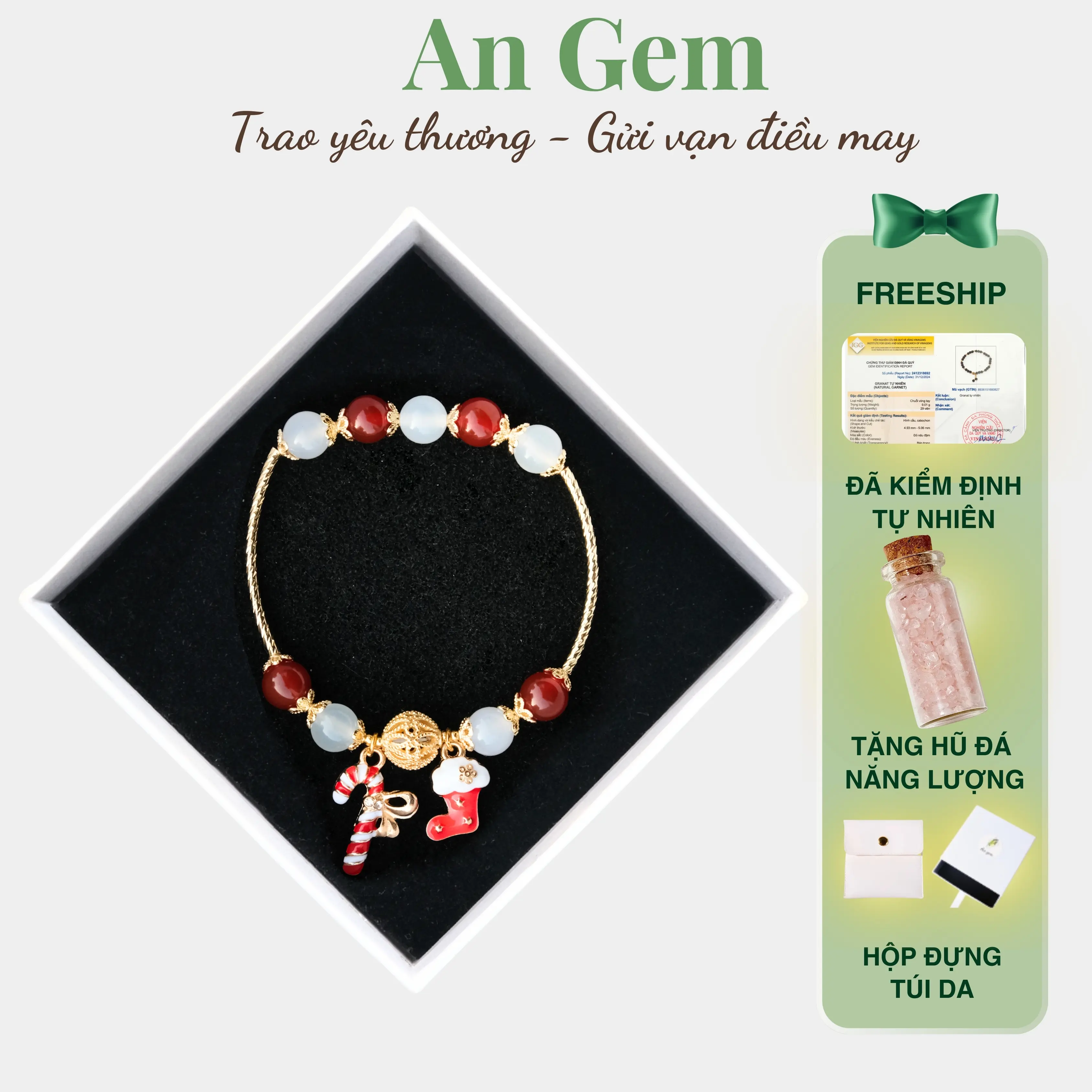 Vòng tay nữ đá tự nhiên An Gem mix charm Giáng Sinh, lắc tay charm tất kẹo chuông phối đá năng lượng phong thuỷ Xmas Bracelet phụ kiện quà tặng sinh nhật giáng sinh Noel Tết Valentine [TẶNG HŨ ĐÁ NĂNG LƯỢNG]
