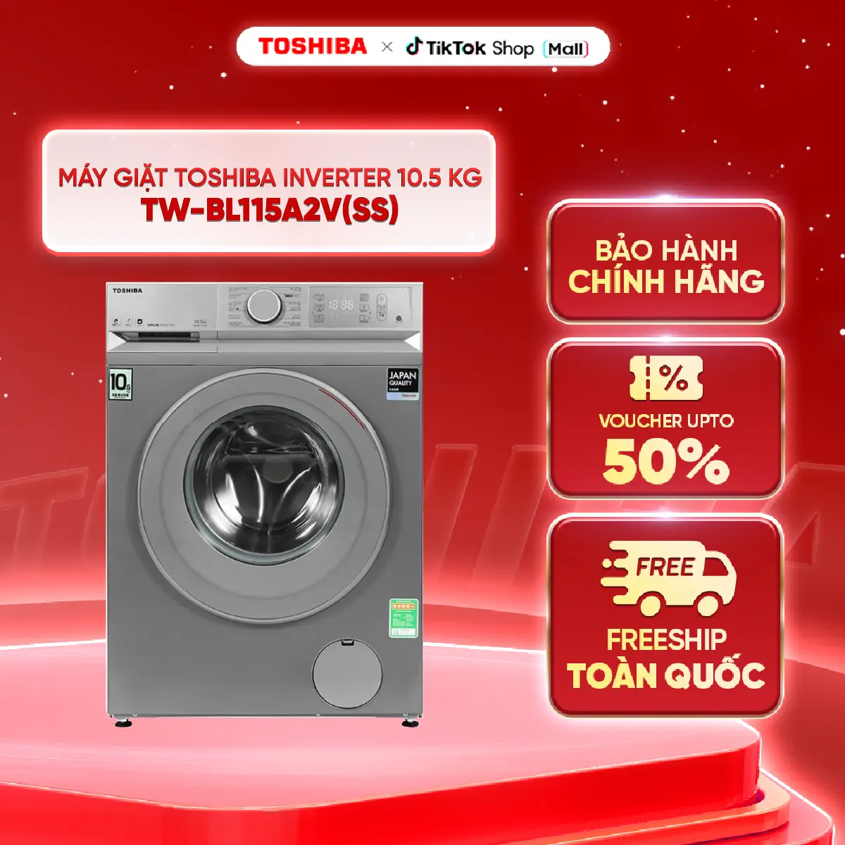 [MIỄN PHÍ LẮP ĐẶT TẠI NHÀ] Máy giặt Toshiba inverter 10.5 kg TW-BL115A2V(SS) - Kết nối Wifi và điều khiển từ xa bằng điện thoại thông minh -