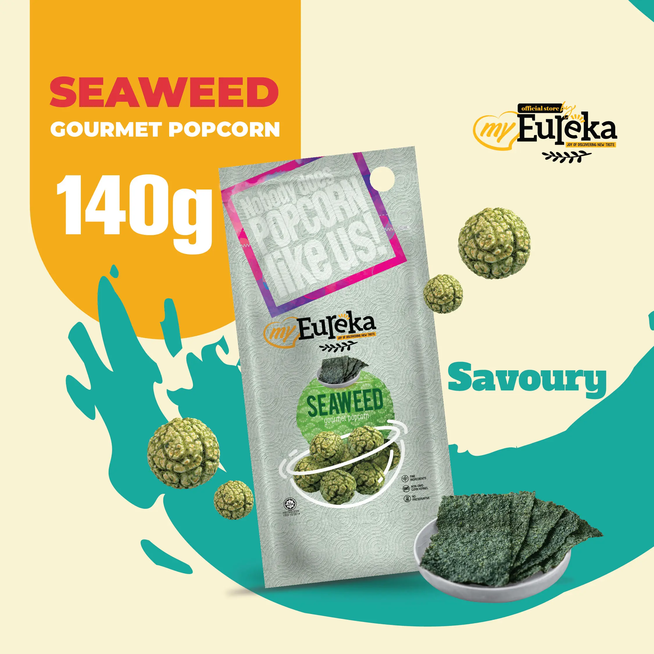 Eureka Seaweed Gourmet Popcorn 140g Aluminum Pack Savoury Treat
