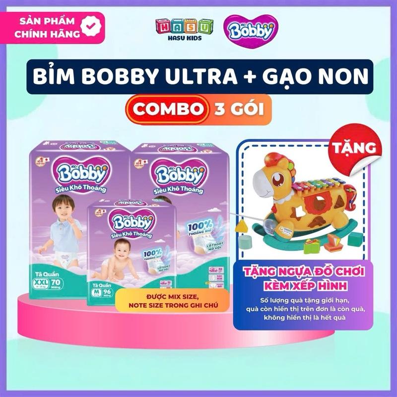 TẶNG NGỰA GỖ ĐỒ CHƠI ĐÀN + XẾP HÌNH COMBO 3 Tã BOBBY ULTRA+ đủ size M96 L88 XL74 XXL68 nhiều miếng