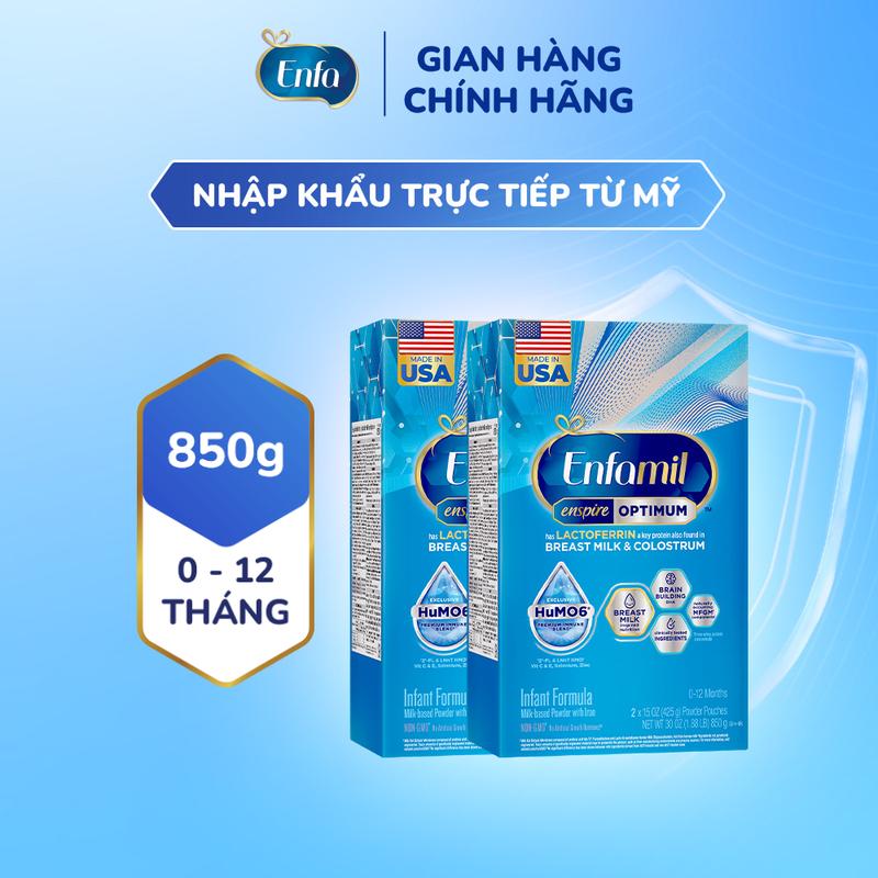 Nhập khẩu từ Mỹ Bộ 2 hộp sữa bột Enfamil Enspire Optimum 850g hỗ trợ đề kháng cho trẻ 0-12 tháng tuổi hộp 2 túi thiếc 425g